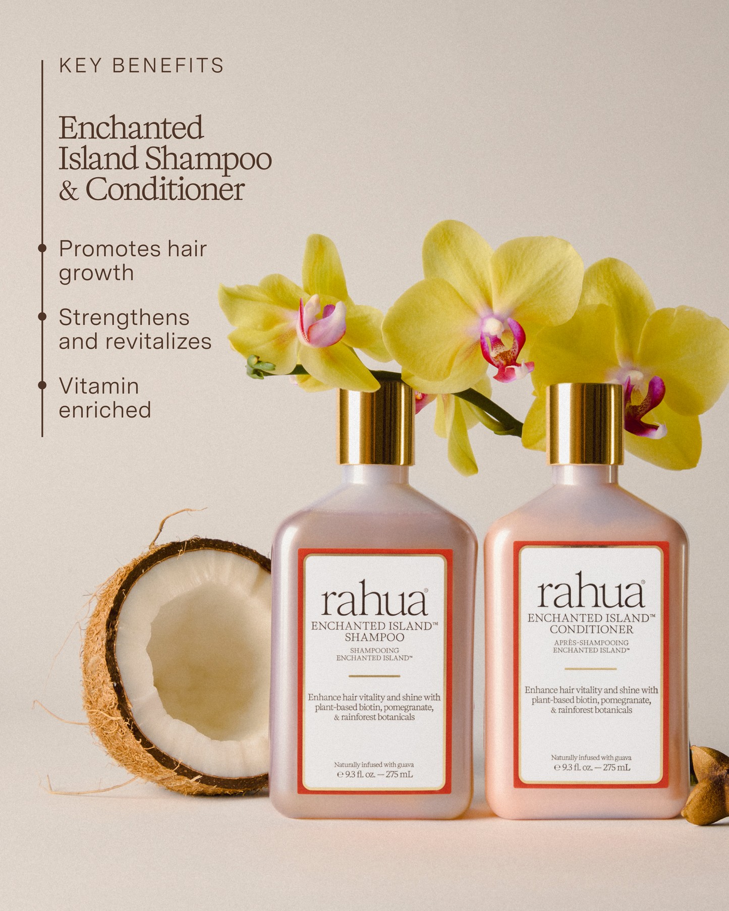 Two bottles of rahua Enchanted Island Shampoo and Conditioner with yellow orchids and a coconut on a light background.|variant:93-oz,16-oz