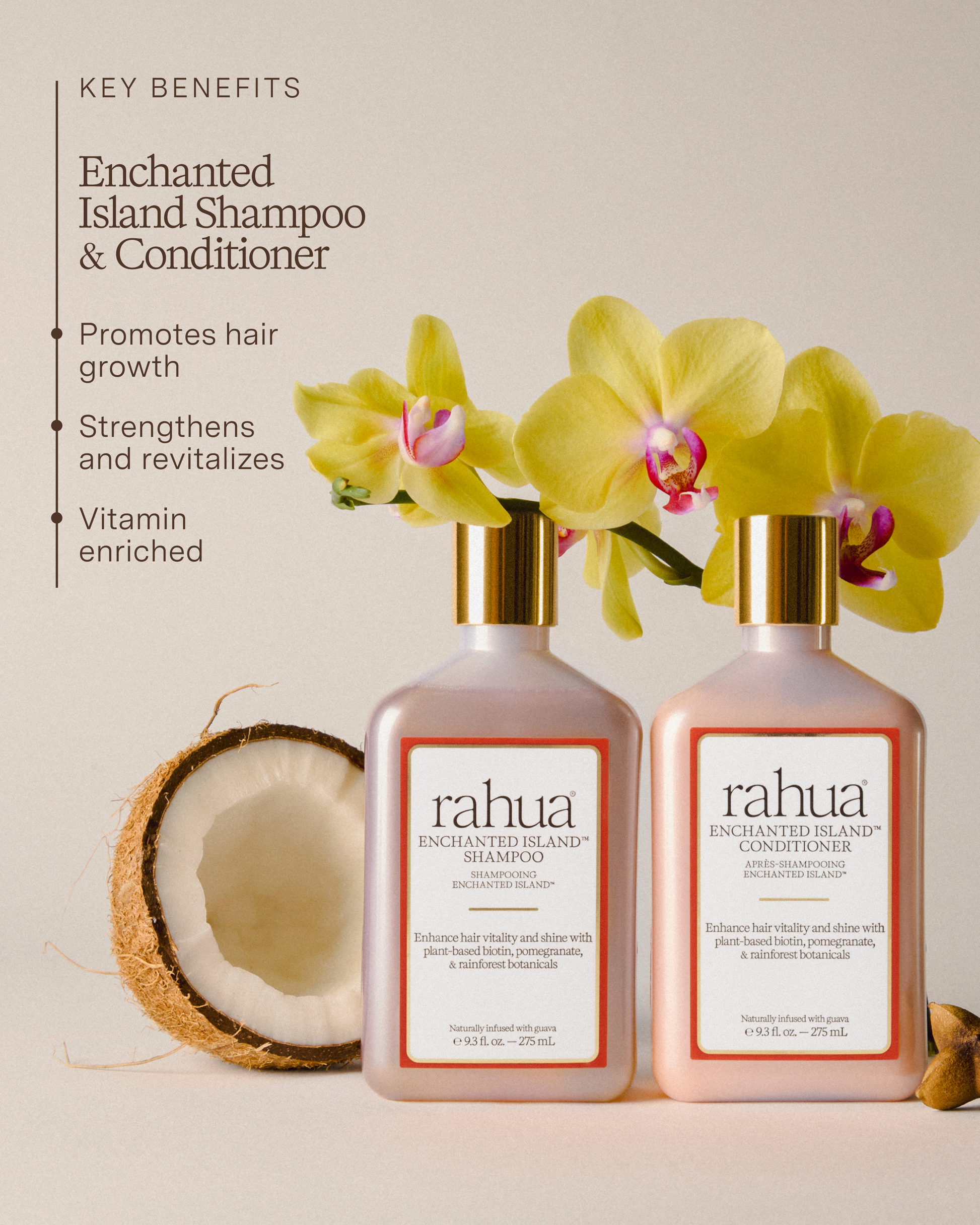Two bottles of rahua Enchanted Island Shampoo and Conditioner with yellow orchids and a coconut on a light background.|variant:93-oz,16-oz