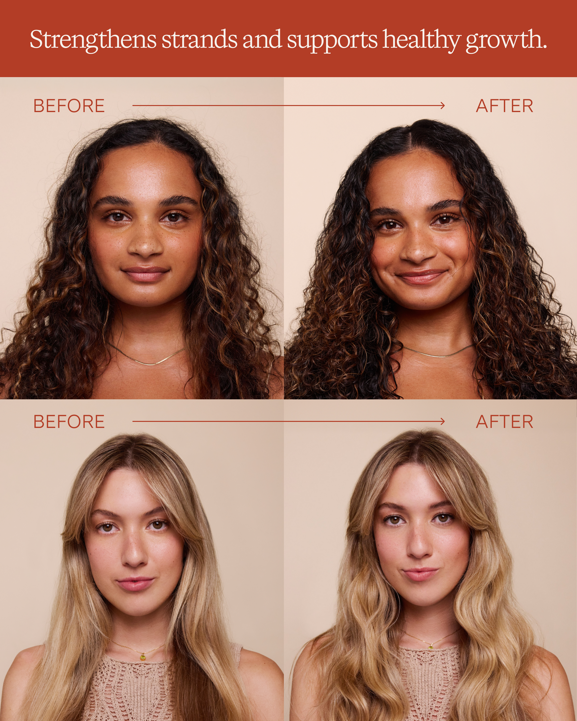 Before and after comparison of hair growth with two women, one with curly hair and the other with straight hair.|variant:93-oz,16-oz,18-oz