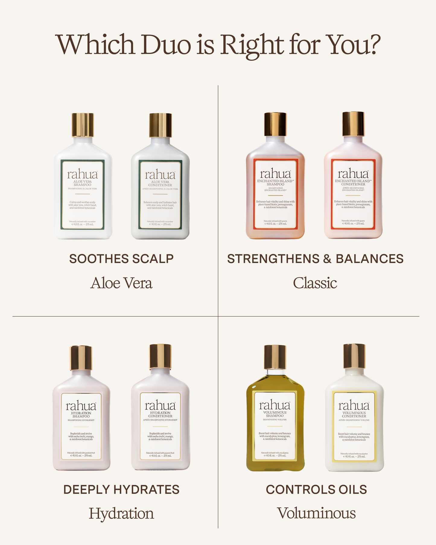 Rahua hair care product bottles with labels for different uses on a white background.|variant:93-oz,16-oz,18-oz