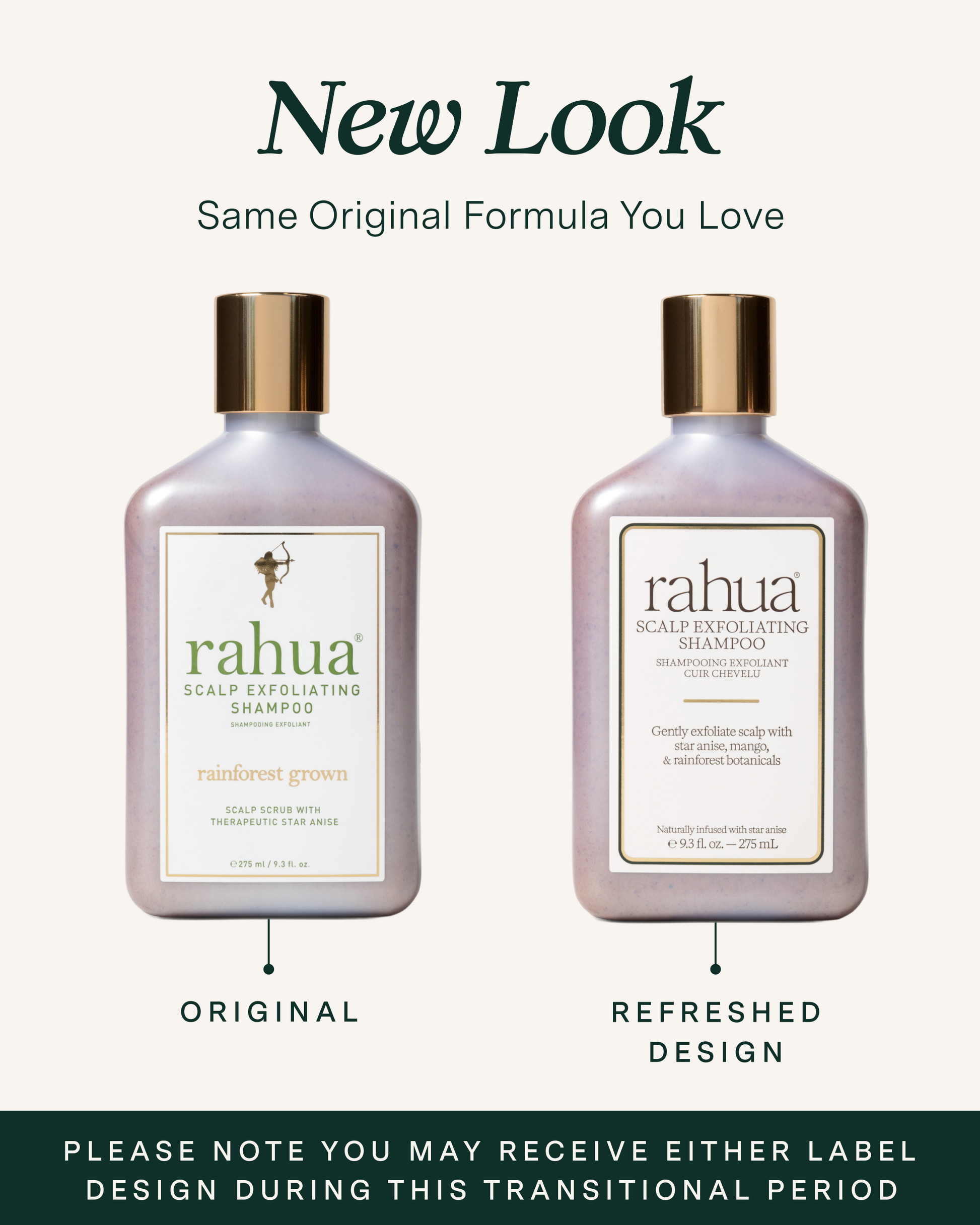 Two bottles of Rahua scalp exfoliating shampoo with labels for original and refreshed design on a white background|variant:93-oz