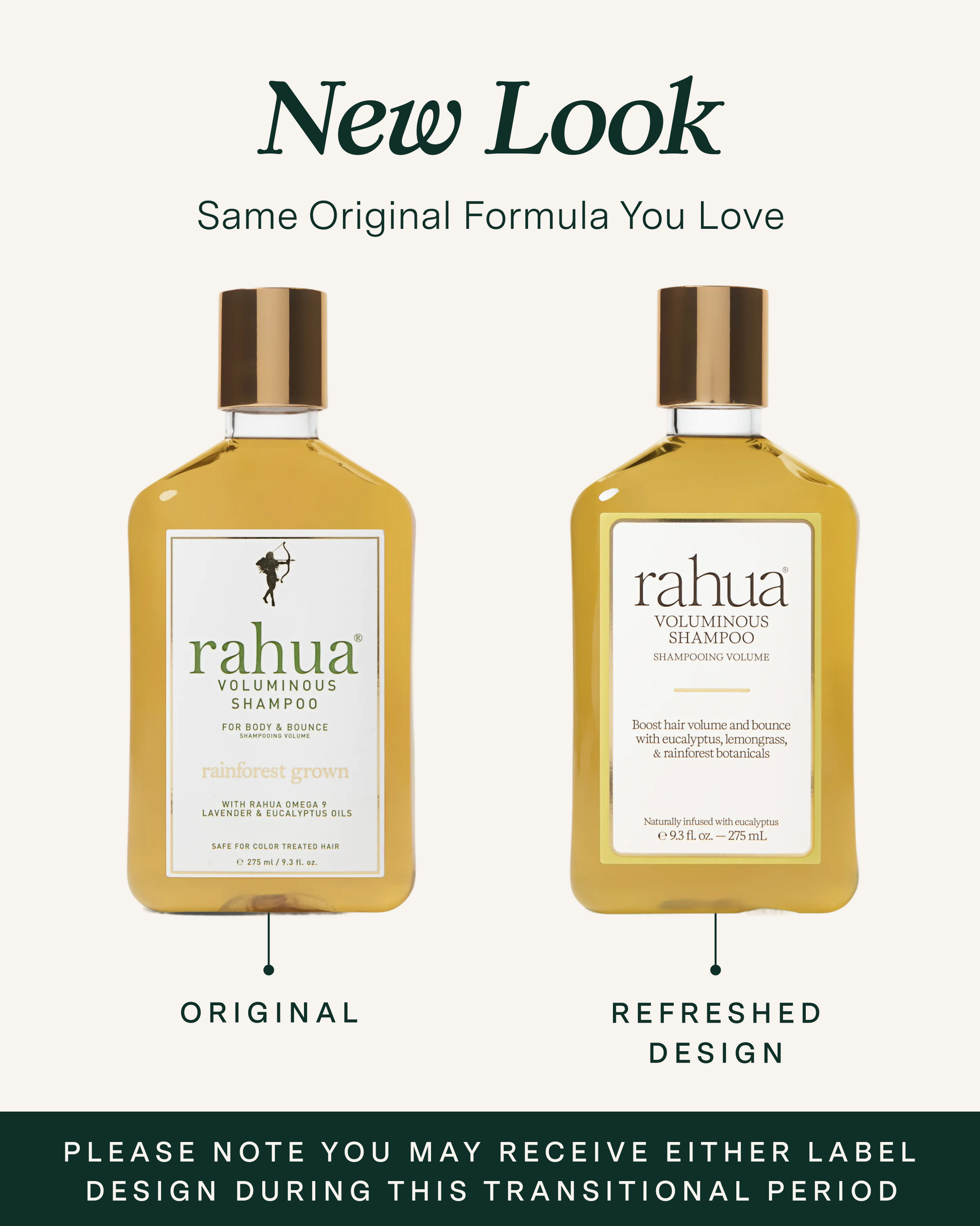 Two bottles of Rahua shampoo with a green background, showing the original label on the left with the refreshed design on the right|variant:93-oz
