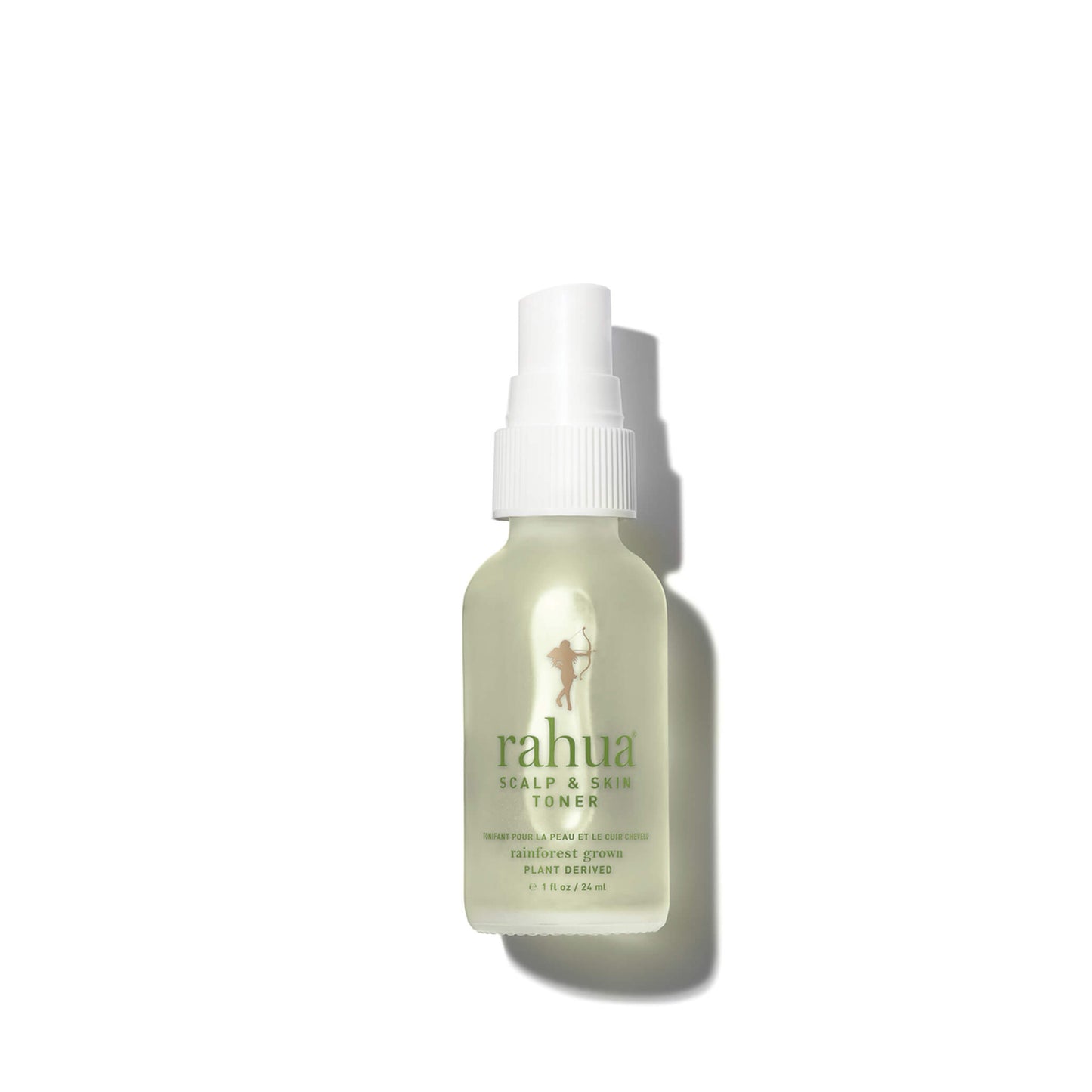 glass spray bottle with a white atomizer and green text rahua scalp and skin toner on a plain white background, 2 oz travel friendly tsa safe|variant:1-oz