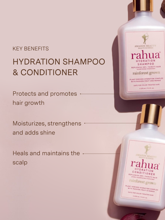 key benefits of hydration shampoo and conditioner including hair growth, moisturizing, and healing the scalp on a pink background|variant:074-oz