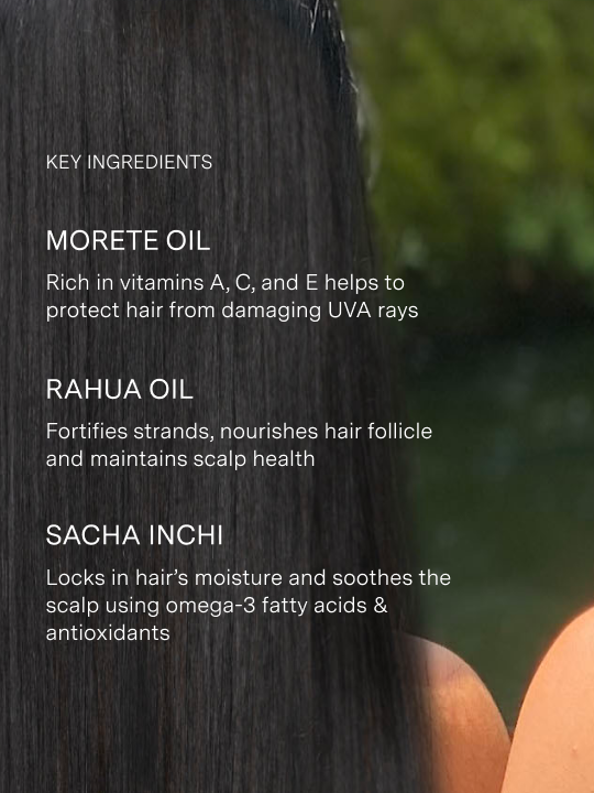 Close-up of dark hair with text detailing key ingredients and their benefits|variant:074-oz