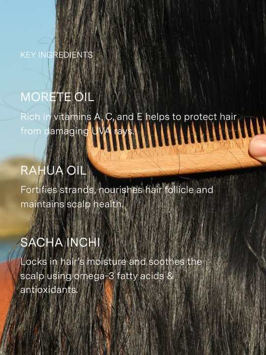 model with black hair combing through hair after applying hydration detangler image lists key ingredients including morete oil, rahua oil, sacha inchi oil|variant:2-oz