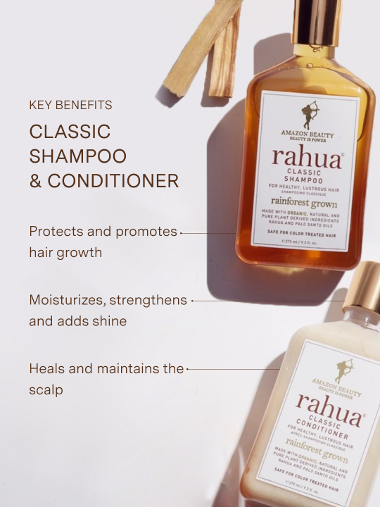 Two bottles of Rahua Classic Shampoo and Conditioner on a light background with text highlighting benefits|variant:074-oz