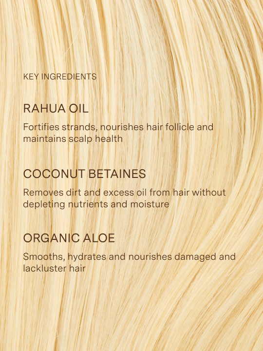 Text detailing key ingredients in a hair care product with a close-up of blonde hair|variant:074-oz