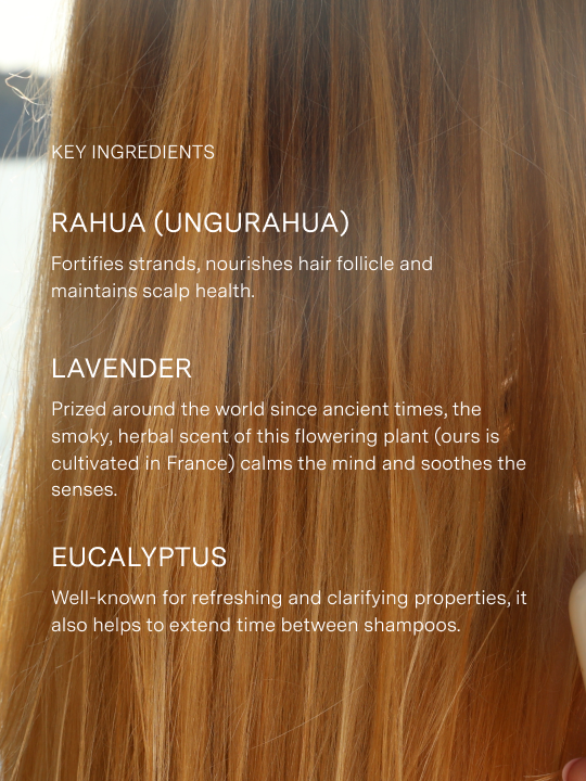 model with orange blonde hair listing key ingredients including rahua oil for nourishment, lavender for soothing and calming and eucalyptus for refreshing and clarifying|variant:16-oz
