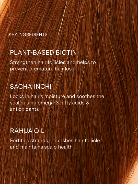 red hair background with key ingredients of enchanted island shampoo and conditioner including biotin for strengthening and preventing hair loss, sacha inchi oil for moisture retention and soothing, and rahua oil for fortifying and nourishing hair and scalp|variant:93-oz